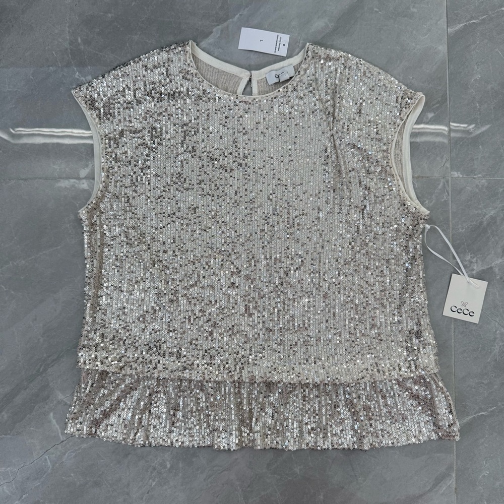 Women’s Cece Sleeveless Sequin Peplum Ruffle Top Party Holiday Size Large